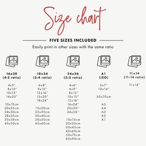 May include: A chart showing five different sizes of prints, with their dimensions in inches and centimeters. The chart includes the aspect ratios for each size, such as 4:5, 3:4, and 2:3. The chart also includes the standard paper sizes A1, A2, A3, A4, and A5.