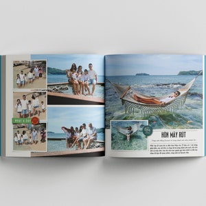 May include: A photo album with images of a family on a tropical vacation. The album features photos of the family on a boat, in a hammock, and on a beach. The album has a blue and white cover with the text "What a Day!" and "Hon May Rut" on the pages.