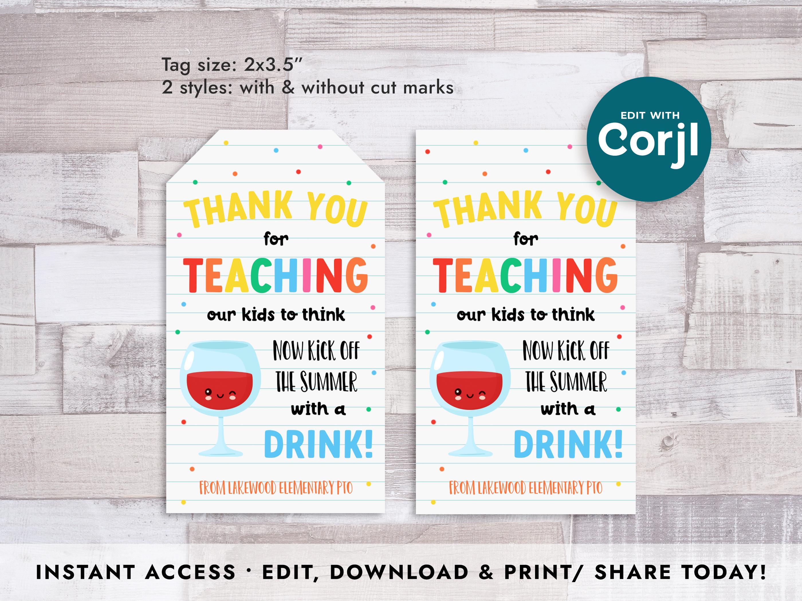 Teacher Wine Gift Tag, Summer Appreciation, End of School Year Wine ...