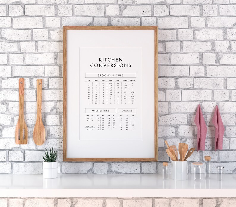 May include: A framed kitchen conversion chart with a white background and black text. The chart includes measurements for spoons, cups, millilitres, and grams. The frame is made of light brown wood and is hanging on a white brick wall. There are wooden spoons, a potted plant, and a pink tea towel in the image.