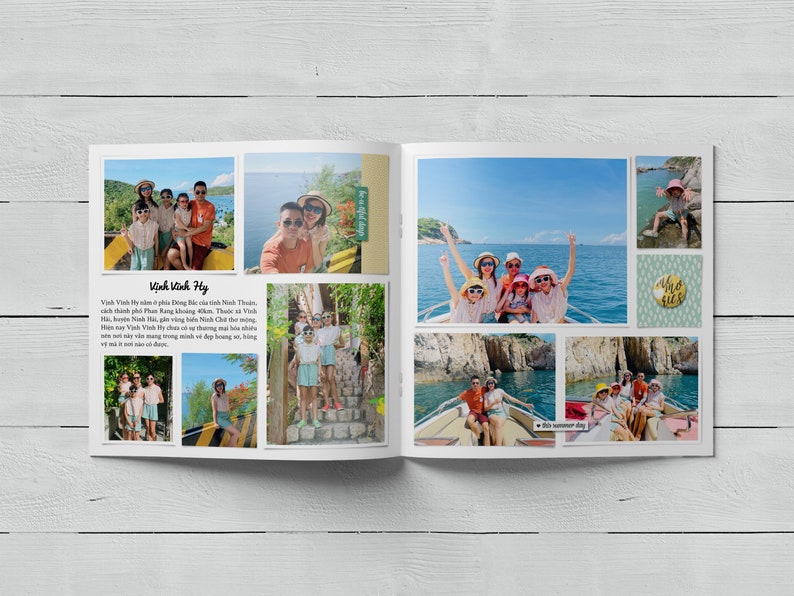 May include: A photo album with a collage of photos of a family on a boat trip. The photos are arranged in a grid pattern and show the family enjoying their time together. The album has a white cover and is open to reveal the photos.