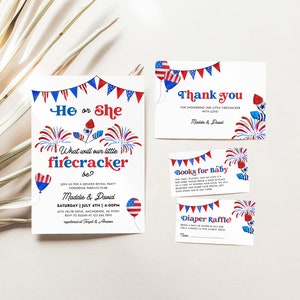 4 de julio Conjunto de invitación de revelación de género, invitación de baby shower de petardo para él o ella, rifa de pañales patrióticos azul blanco rojo gracias JL4
