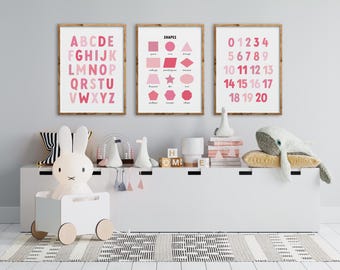 Pastel Pink Alphabet Poster, Numbers Shapes Prints, Educational Wall Arts Set, Girl ABC Nursery Signs, Playroom Homeschool Montessori M1P