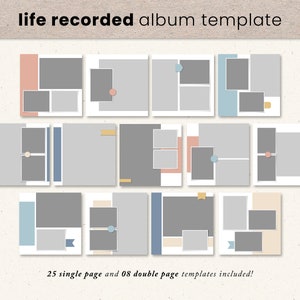 May include: A set of 25 single page and 8 double page scrapbook templates. The templates feature a variety of layouts with different colored accents, including peach, blue, and yellow.
