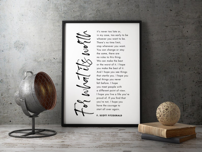 For What It's Worth Quote Wall Art For What Its Worth F Scott Fitzgerald Quote Wall Art | Etsy