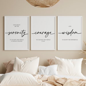Dios me conceda los carteles de la serenidad, arte de la pared de oración de la serenidad, conjunto de 3 impresiones de aliento cristiano, citas inspiradoras, letreros de la guardería