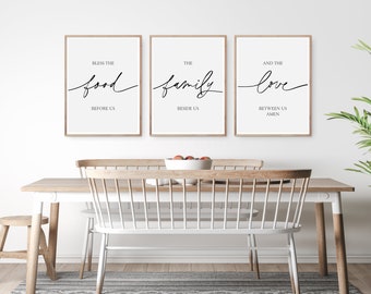 Bless The Food Before Us The Family Beside Us Posters, Dining Room Decor, Modern Kitchen Prints Set Of 3, Inspiring Family Quote Signs