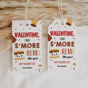 Valentine&#39;s Day S&#39;mores Gift Tags, I Need S&#39;more Friends Like You, Kid Classroom School Valentine Tag, Teacher Preschool Favor Treat Label