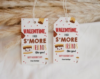 Valentine's Day S'mores Gift Tags, I Need S'more Friends Like You, Kid Classroom School Valentine Tag, Teacher Preschool Favor Treat Label