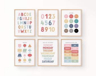 Rainbow Alphabet Posters, Educational Numbers Shapes Printable Wall Art, Colorful Classroom Decor, Nursery Homeschool, Learning Posters EL2