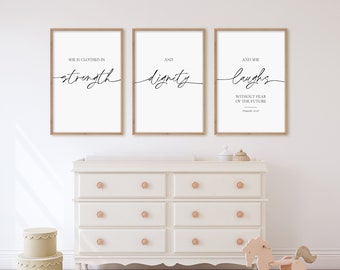 She is Clothed in Strength And Dignity Girls Room Decor, Nursery Bible Verse Wall Art, Proverbs 31:25, Scripture Signs, Women Gifts Posters