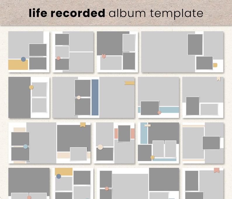 May include: A template for a photo album with a gray background and white borders. The template has 18 different layouts for photos, with various sizes and arrangements. The template includes decorative elements such as circles, squares, and lines in yellow, blue, and pink.