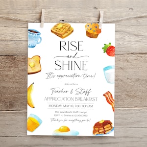 Teacher Staff Appreciation Breakfast Flyer, Rise & Shine Thank You Employee Invitation, Eggs Bacon Pancake Muffin School Brunch BF4
