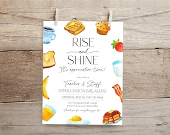 Teacher Staff Appreciation Breakfast Flyer, Rise & Shine Thank You Employee Invitation, Eggs Bacon Pancake Muffin School Brunch BF4