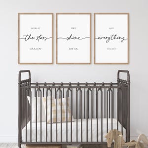 Look At The Stars Look How They Shine For You Nursery Wall Art, Kids Bedroom Decor, Set Of 3 Nursery Signs, Above Crib Decor, Song Lyric Art