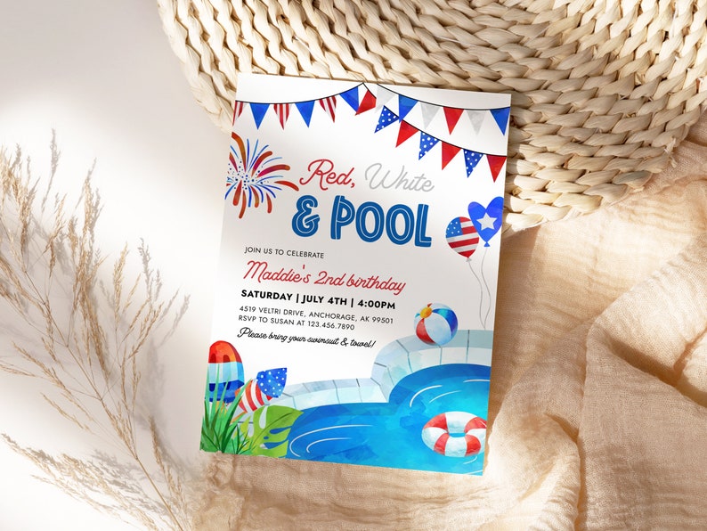 4th of July Birthday Party Invitation, Summer Swimming Pool Red White ...