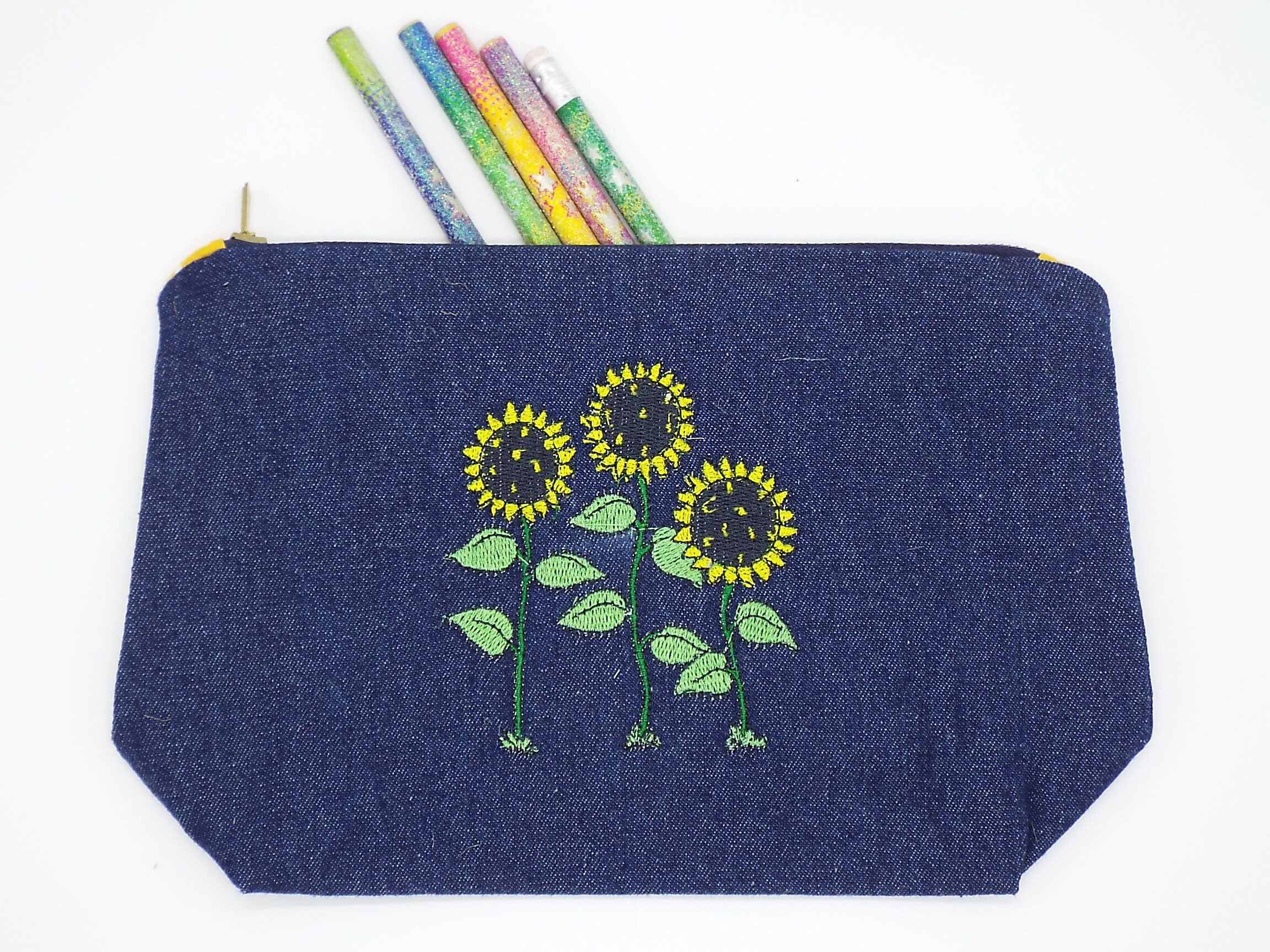 Denim pencil case with machine embroidery designs & contrast Etsy