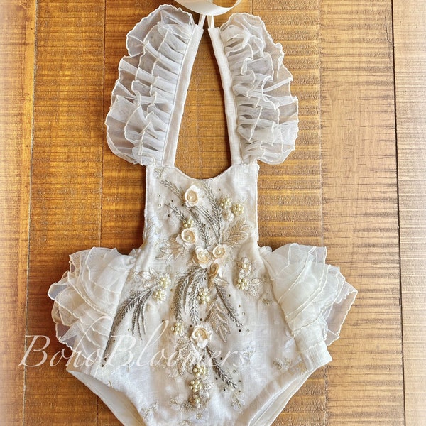 Cream Boho Chic Floral Lace Romper Baptism Christening Christmas First Birthday Gold champagne 1st Birthday Girl Cake Smash bib white cream