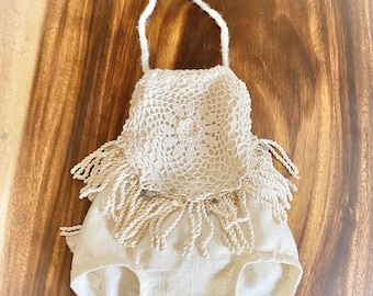 Boho Linen Blend Baby Romper: Doily, Tassels Alpaca Ties