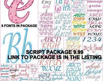 PES 8 Script Machine Embroidery design Fonts (9 SETS) Bonus Script Applique font included 4x4