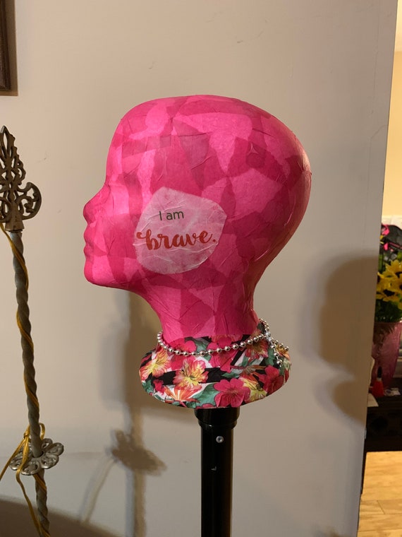 Pink Styrofoam Wig Head Mannequin Breast Cancer Awareness 