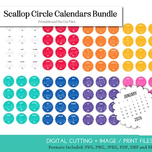 May include: A bundle of colorful scallop circle calendars with the text "Scallop Circle Calendars Bundle". The calendars are in various colors, including red, orange, yellow, green, blue, purple, pink, and gray. The image also includes a sample calendar for January 2026.