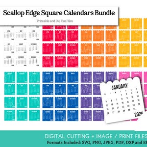 Pode incluir: Um conjunto de calendários quadrados com bordas onduladas em várias cores, incluindo vermelho, laranja, amarelo, verde, azul e roxo. Cada calendário exibe os meses do ano. A imagem inclui o texto "Scallop Edge Square Calendars Bundle" e "Janeiro 2026".