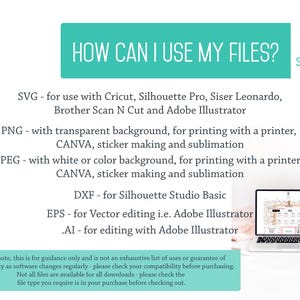 May include: A teal banner with the text "HOW CAN I USE MY FILES?" lists file types: SVG, PNG, JPEG, DXF, EPS, and .AI, with their uses. A laptop displays a design, and a small illustration of a woman is in the upper right corner.