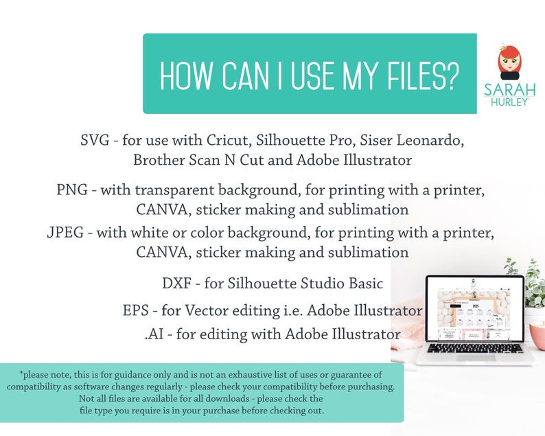 May include: A teal banner with the text "HOW CAN I USE MY FILES?" lists file types: SVG, PNG, JPEG, DXF, EPS, and .AI, with their uses. A laptop displays a design, and a small illustration of a woman is in the upper right corner.