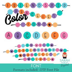 May include: A colorful font design with the word "Color" in a large, bold font. The font is displayed in a beaded garland style with letters in various colors, including pink, orange, yellow, green, blue, and purple. The font includes uppercase letters A through G and the words "Friendship", "Bracelet", and "Font".