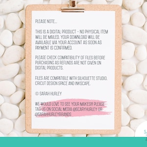 May include: A corkboard with a white paper attached by a metal clip. The paper contains text about digital products, compatibility, and social media handles. The background is white pebbles.