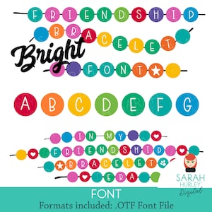 May include: A colorful alphabet font with the word "Bright" in a large, bold font. The font is displayed in a beaded necklace style with the letters "FRIENDSHIP", "BRACELET", and "FONT" spelled out. The letters are in a variety of colors, including red, orange, yellow, green, blue, and purple.