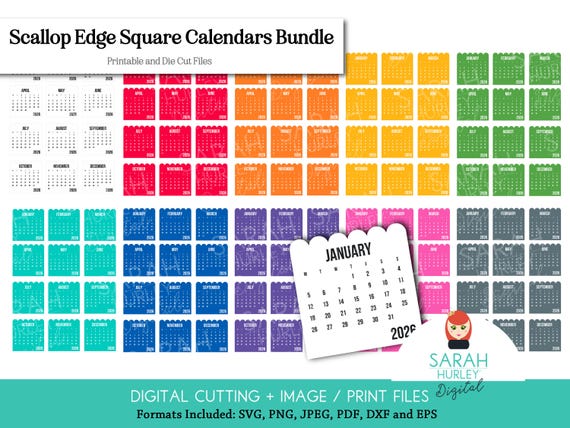 2026 Scallop Edge Square Calendar Bundle | Printable Mini Calendars | SVG, PDF, png, Jpeg, dxf, EPS | Cricut & Silhouette Cutting Files