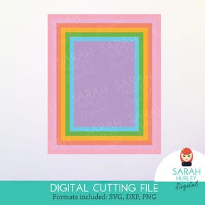 Könnte beinhalten: Eine digitale Schneidedatei mit einem mehrschichtigen Rahmen-Design. Der Rahmen besteht aus sechs Schichten in verschiedenen Farben: rosa, orange, gelb, grün, blau und lila. Der Text "SARAH HURLEY Digital" ist im Bild sichtbar.