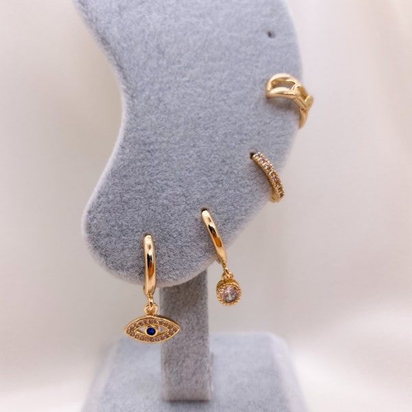 Evil eye earring set • Blue Eye Huggie Hoops • Minimalist Dainty Earrings • Ultramarine Blue • Chain Earcuff • 18K Gold Plated