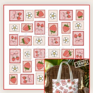 May include: A seamless pattern design featuring strawberries, bows, and flowers on a white background. The design is displayed on a tote bag with a sample stamp. The text at the top reads "Seamless Pattern for Fabric, Sublimation & More."