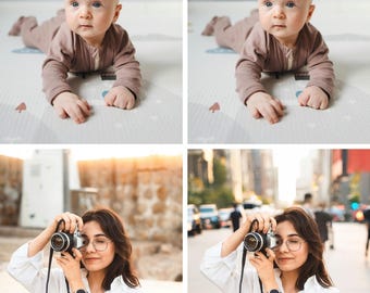 May include: A split image showing two different scenes. The top left image shows a baby in a pink onesie lying on its stomach on a white and gray play mat. The top right image shows the same baby on a beach with a white umbrella in the background. The bottom left image shows a person wearing a white shirt, khaki pants, and glasses holding a camera. The bottom right image shows the same person in the same outfit standing in a city street holding a camera.