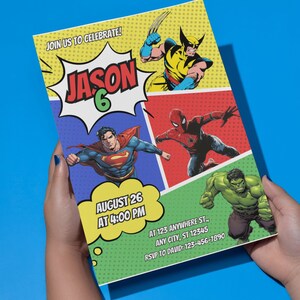 Custom superhero party invitation, kids comic book birthday invite, editable superhero birthday card, superhero kids party printable, DIY