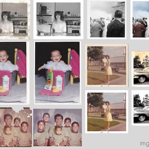 May include: A collage of photos showing different people and scenes. The top row shows a woman in a white dress, a woman in a white dress, a group of people in a church, and a group of people in a church. The middle row shows a baby in a bathtub, a baby in a bathtub, a woman in a yellow dress, and a car parked in a driveway. The bottom row shows a group of people, a group of people, a woman in a yellow dress, and a car parked in a driveway.