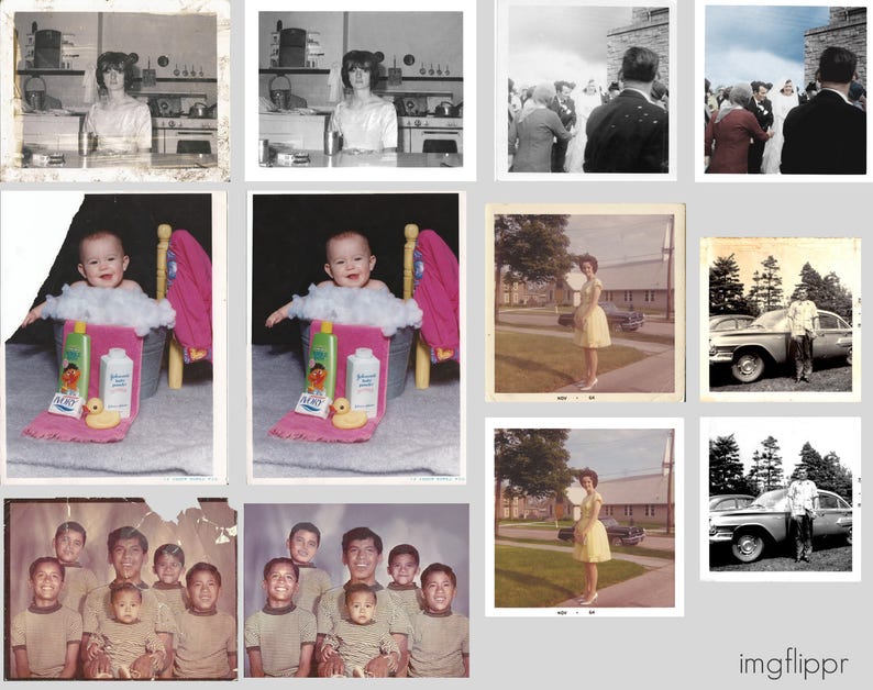 May include: A collage of photos showing different people and scenes. The top row shows a woman in a white dress, a woman in a white dress, a group of people in a church, and a group of people in a church. The middle row shows a baby in a bathtub, a baby in a bathtub, a woman in a yellow dress, and a car parked in a driveway. The bottom row shows a group of people, a group of people, a woman in a yellow dress, and a car parked in a driveway.