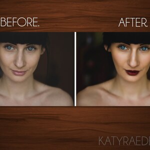 May include: Before and after photo of a person with dark hair and blue eyes. The person is wearing no makeup in the before photo and red lipstick in the after photo.