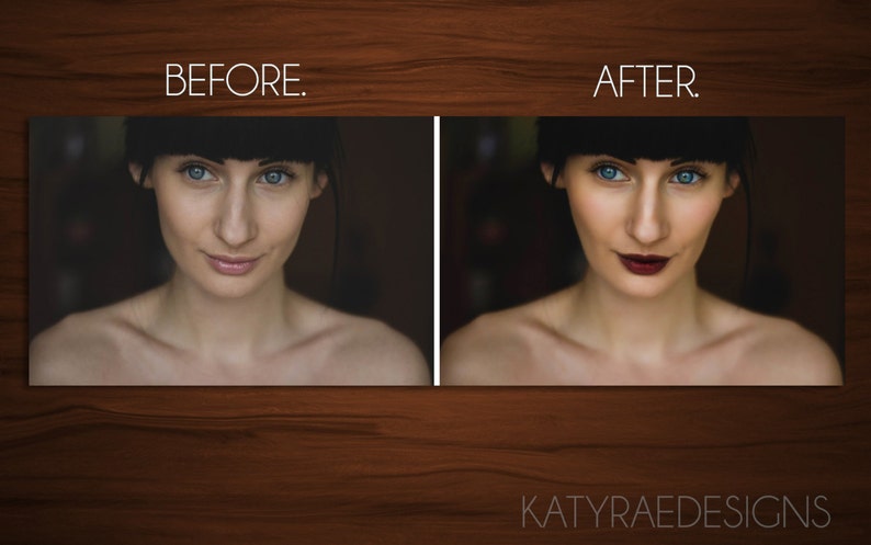 May include: Before and after photo of a person with dark hair and blue eyes. The person is wearing no makeup in the before photo and red lipstick in the after photo.
