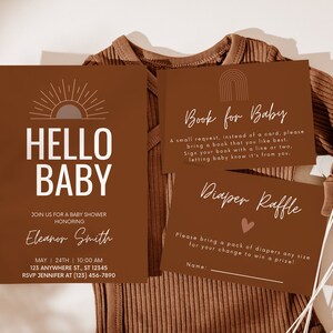 Gender Neutral Printable Baby Shower Invitation Set, Baby Book Card, Diaper Raffle Card, Baby Shower Template, Boho Invitation, Boho Baby