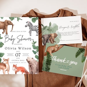 Printable Editable Animal Baby Shower Invitation Set, Customizable Animal Invitation, Baby Shower Template, Digital Download, Raffle