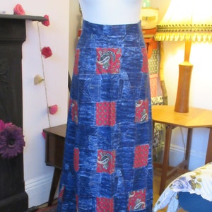 1970s Maxi Skirt- Mock Patch Denim & Paisley Pattern- VGC Approx Size 8