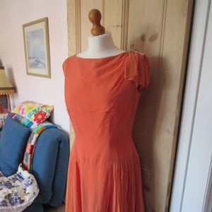 Vintage Melbray Apricot Chiffon Cocktail dress- Late 50s/Early 60s- original Diamante Decoration.Approx. Size 12+, GC