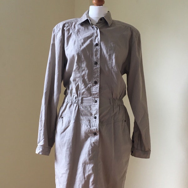 Vintage Designer 1980s Liz Claiborne 'Military' Style Dress-Pale Sand Colour-Approx Size 10. VGC