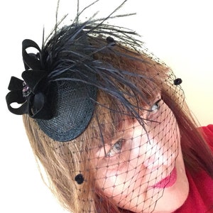 Black Sinamay Teardrop Fascinator with Ostrich Feather Trim, Velvet Spotted Veiling, Ribbon and Vintage Brooch Detail