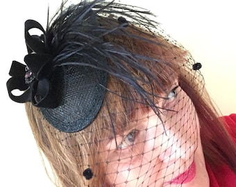 Black Sinamay Teardrop Fascinator with Ostrich Feather Trim, Velvet Spotted Veiling, Ribbon and Vintage Brooch Detail