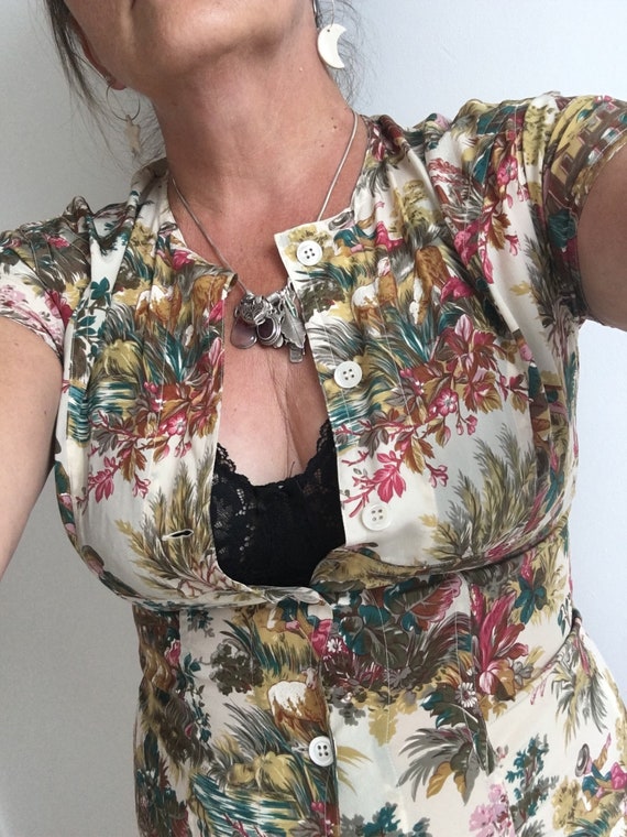 Jil Sander, Vintage 1990s Designer Blouse- by Jil Sander-Silk- Gorgeous Toile de Jouy Pattern-Approx. UK Size 10